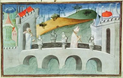 Ms 2810 f.49, A ponte sobre o Lou-Keou, uma província perto de Pequim, do "Livro das Maravilhas do Mundo", c.1410-12 (tempera sobre velino)